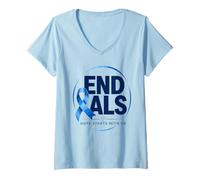 Mujer Acabemos con la ELA: Blue Awareness Ribbon aboga por una Madre Fuerte Camiseta Cuello V
