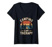 Mujer Acampar es mi terapia y aventura en la naturaleza Camiseta Cuello V