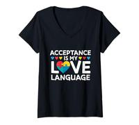 Mujer Acceptance Is My Love Language Autismo Concientización Puzzle Corazón Camiseta Cuello V