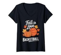 Mujer Acción de Gracias Fall In Love with Basketball Autumn Game Camiseta Cuello V