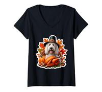 Mujer Acción de Gracias Komondor Dog Owner Mom Dad Funny Fall Autumn Autumn Camiseta Cuello V
