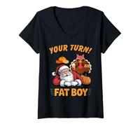 Mujer Acción de Gracias Navidad Papá Noel Pavo Tu Turno Gordo Boy Camiseta Cuello V