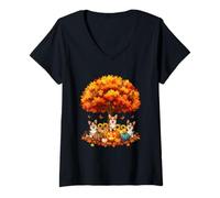 Mujer Acción de Gracias Otoño Corgi Perros Hoja Otoño Árbol Es Otoño Todos Camiseta Cuello V