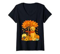 Mujer Acción de Gracias Otoño Otoño Golden Retriever Hoja Árbol de Camiseta Cuello V