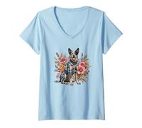 Mujer ACD Hunting Vintage Flowers Floral Australian Cattle Dog Mom Camiseta Cuello V