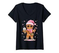 Mujer Acogedor Leopardo Pan de Jengibre sosteniendo café Helado y Dulces Navidad Camiseta Cuello V