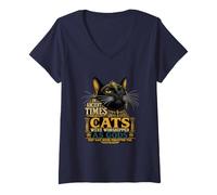 Mujer Actitud del Gato Negro Antiguo Camiseta Cuello V
