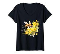 Mujer Acuarela Abeja Amarillo Flores Polinizadores Arte Camiseta Cuello V