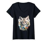 Mujer Acuarela Arena Gato Floral Corona Arte Felino Amante Camiseta Cuello V