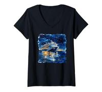 Mujer Acuarela Barco Crucero Cielo Noche Océ Camiseta Cuello V
