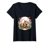 Mujer Acuarela Capibara Divertido Flores Animal Lindo Camiseta Cuello V