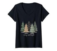 Mujer Acuarela Feliz y Brillante Lindo árbol de Navidad Arte Festivo Camiseta Cuello V