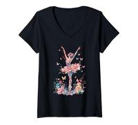 Mujer Acuarela Floral Bailarina Botánica Ballet Bailarina Camiseta Cuello V