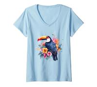 Mujer Acuarela Floral Tucán Pájaro Flores Tropicales Vibes Ver Camiseta Cuello V