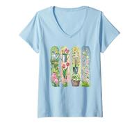 Mujer Acuarela Jardín Vida Floral Plantación Escena Camiseta Cuello V
