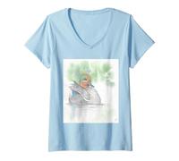 Mujer Acuarela Original - Serie de Aves acuáticas Verde Azulado de alas Verdes Camiseta Cuello V