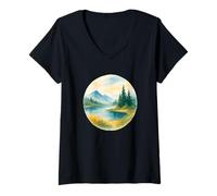 Mujer Acuarela Paisaje Montaña Pacífico Lago Y Árboles Camiseta Cuello V