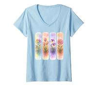 Mujer Acuarela Rainbow Rose Tulip Pansy Dalia Blooms Camiseta Cuello V
