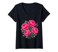 Mujer Acuarela Rosa Magenta Peonía Floral Ramo Formas Mania Camiseta Cuello V