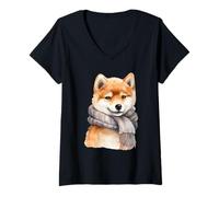 Mujer Acuarela Shiba Inu con Bufanda Camiseta Cuello V