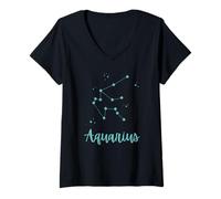 Mujer Acuario Signo del Zodiaco Astrología de Moda Celestial Teal Retro Camiseta Cuello V