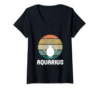 Mujer Acuario Signo del Zodiaco Retro Puesta de Sol ilustración Camiseta Cuello V
