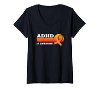 Mujer ADHD Is Awesome Retro Sunset Orange Ribbon Conciencia Camiseta Cuello V