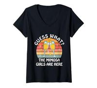 Mujer ¿Adivina qué? Las Chicas Mimosa están aquí - Retro Brunch Party Squad Camiseta Cuello V
