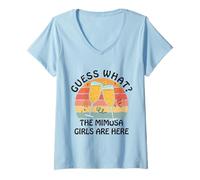 Mujer ¿Adivina qué? Las Chicas Mimosa están aquí - Retro Brunch Party Squad Camiseta Cuello V