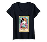 Mujer Adivino Calico Cat The Cat Tarot Card Camiseta Cuello V