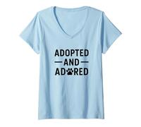 Mujer Adoptado y Adorado. Mascota, Rescate, Orgullo de Adopción. Camiseta Cuello V
