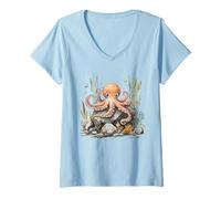 Mujer Adorable Acuarela Pulpo Vida Marina Arte Camiseta Cuello V
