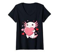 Mujer Adorable ajolote Kawaii sosteniendo un Gran corazón Rosa Camiseta Cuello V
