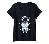 Mujer Adorable Astronauta Corazón Manos Espacio Amante Día de San Valentín Camiseta Cuello V