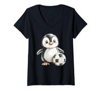 Mujer Adorable bebé pingüino Jugador de fútbol Acuarela Arte Camiseta Cuello V