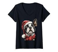 Mujer Adorable Boston Terrier con Gorro de Papá Noel para Invierno Camiseta Cuello V