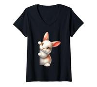 Mujer Adorable Conejito bebé Mirando Curioso Conejo Arte Camiseta Cuello V