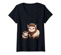 Mujer Adorable diseño de Animales de Yak y Ternero de Dibujos Animados Camiseta Cuello V