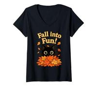 Mujer Adorable diseño de Hojas otoñales de Gato Negro con Forma de Gato Camiseta Cuello V