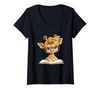 Mujer Adorable diseño de ratón de Biblioteca de Lectura de Jirafa Camiseta Cuello V