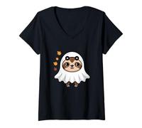 Mujer Adorable Fantasma Perezoso con Hojas Que Caen Camiseta Cuello V