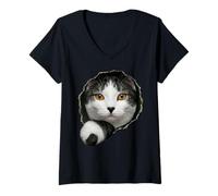 Mujer Adorable Gato atigrado Bicolor asomándose Camiseta Cuello V