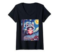 Mujer Adorable mapache sosteniendo corazón ilustración gráfica Camiseta Cuello V