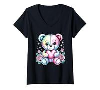 Mujer Adorable Oso de Peluche con corazón y Rosas Camiseta Cuello V
