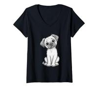 Mujer Adorable Perro Carlino Cachorro Bosquejo Lindo Perro Animal ilustración Camiseta Cuello V