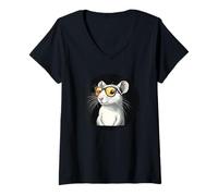 Mujer Adorable rata blanca con lindas gafas para los amantes de los ratones Camiseta Cuello V