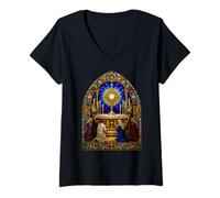 Mujer Adoración Eucarística Catedral Gótica Mosaico Arte Arte Camiseta Cuello V