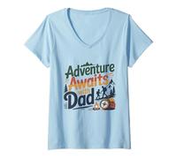Mujer Adventure Awaits with Dad Camisa Día del Padre Camper Outdoor Camiseta Cuello V