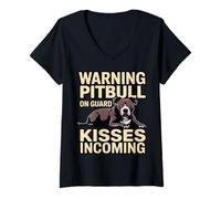 Mujer Advertencia Pitbull On Guard Besos Entrantes Gracioso Camiseta Cuello V