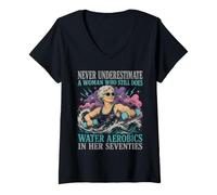 Mujer Aeróbicos acuáticos en Sus Setenta Divertida Mujer de Entrenamiento Senior Camiseta Cuello V